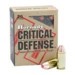 Hornady Critical Defense FTX Handgun Ammunition, front view of box with three brass cartridges