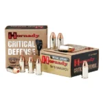 Hornady Critical Defense Handgun Ammo, tan and black boxes with loose cartridges, front view