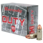 Hornady Critical Duty ammunition box with two silver cartridges and copper-coloured bullets