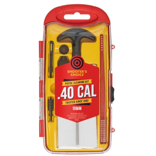 Shooters Choice .40 Cal Handgun Cleaning Kit, front view in red and clear case with rod and tools