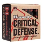 Hornady Critical Defense Handgun Ammo, tan and black retail box, front view