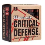 Hornady Critical Defense Handgun Ammo, tan and black retail box, front view