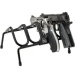 Hornady Security 4 Gun Pistol Rack, black wire rack holding four pistols, angled view