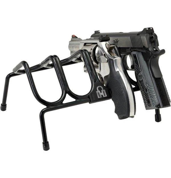 primary-50300 Hornady Security 4 Gun Pistol Rack, black wire rack holding four pistols, angled view
