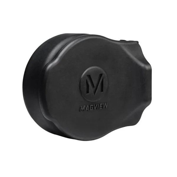 MAGVIEW S1 MINI black spotting scope adapter, angled front view with embossed logo