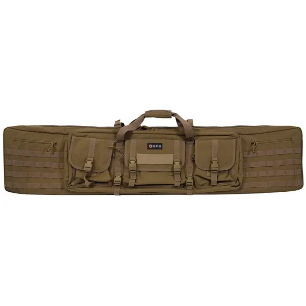 G-Outdoors Double Rifle Case in FDE, side view with carry handles and exterior pockets