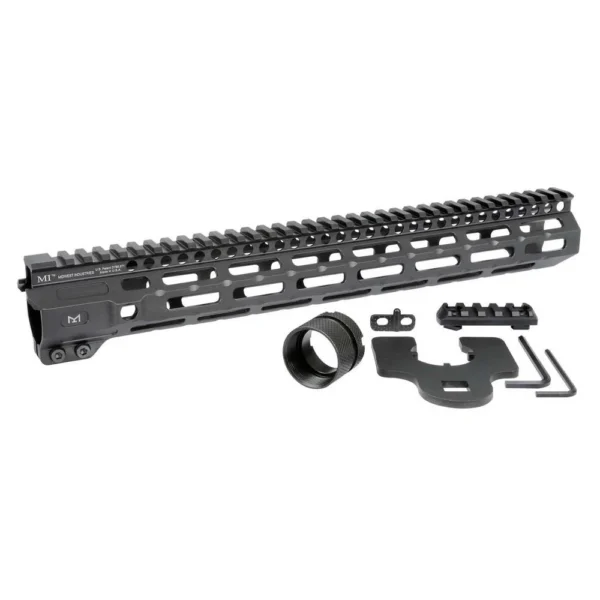 Midwest Industries Combat Rail Free Float Handguard, black side view with mounting parts
