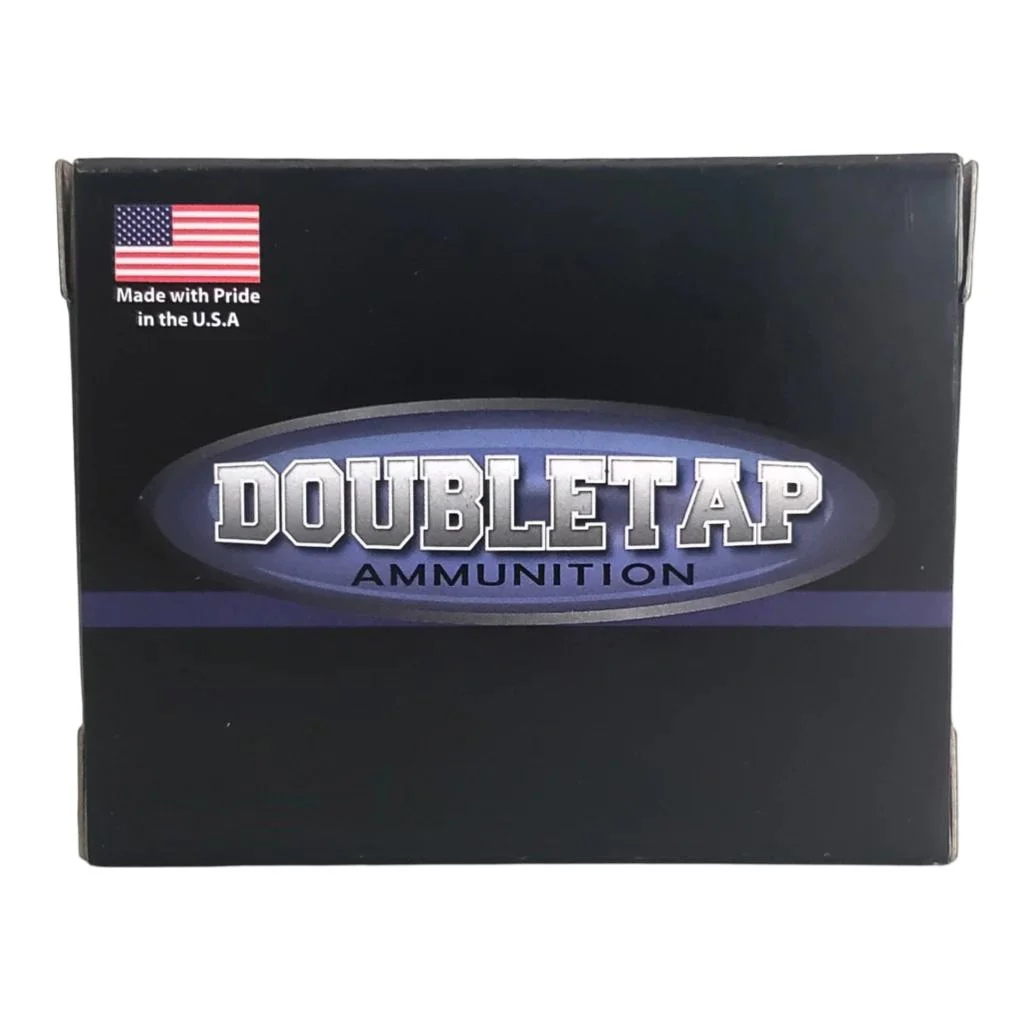 primary-50307 Double Tap Hardcast Solid black ammunition box, front view with silver and purple branding
