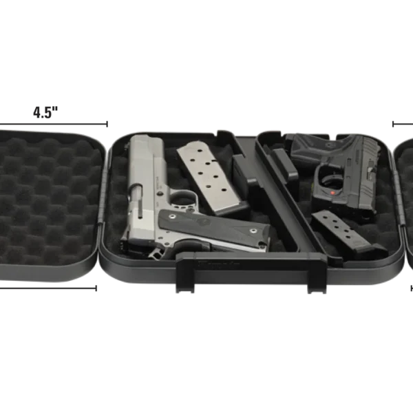 Hornady Dual-Lid Lock Box with Key Lock, open black case in top angled view with padded dual lids