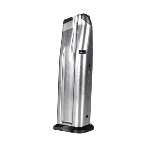 EAA Check-Mate Witness 2311 silver handgun magazine, angled side view with black baseplate