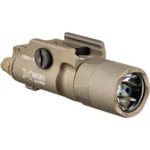 SUREFIRE X300U Turbo Thumbscrew tan weapon light, angled side and front view with rail mount