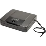 Hornady Rapid Safe 4800KP RFID, closed grey safe in angled top view with attached cable