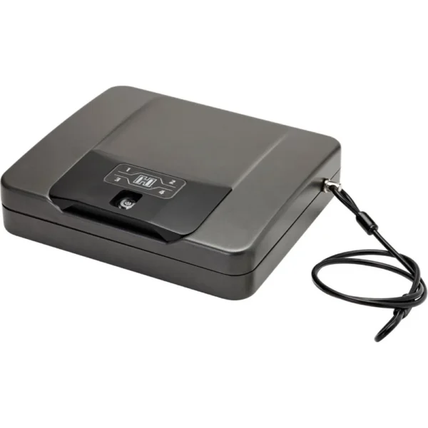 Hornady Rapid Safe 4800KP RFID, closed grey safe in angled top view with attached cable