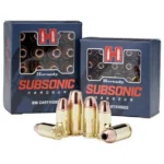 Hornady Subsonic Ammunition, two blue boxes with brass cartridges and copper-coloured bullets