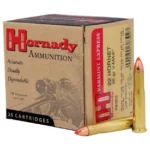 Hornady Varmint Express Rifle Ammunition, tan box with two brass cartridges