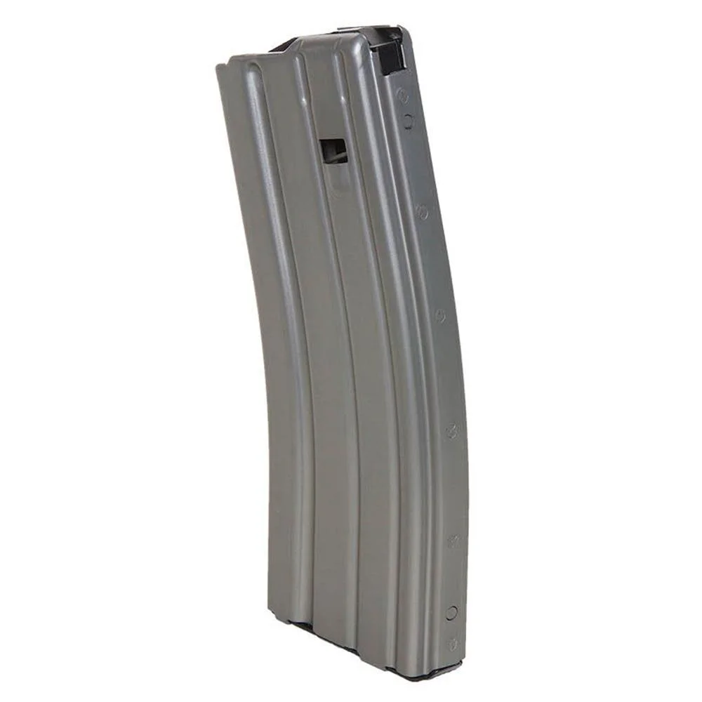 primary-50344 C Products Defense Inc. Duramag AR-15 Rifle Magazine, angled view of curved gray metal body