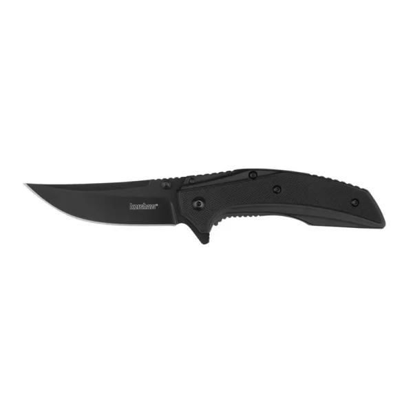 Kershaw Outright BLK black folding knife, side view with curved blade and textured handle