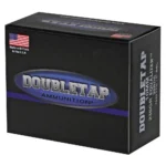 DoubleTap Ammunition DBLTAP, black ammunition box with purple logo, angled front view