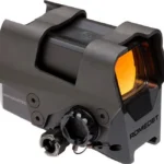 Sig Sauer ROMEO8T black red dot sight, front-right view with orange-tinted lens and controls
