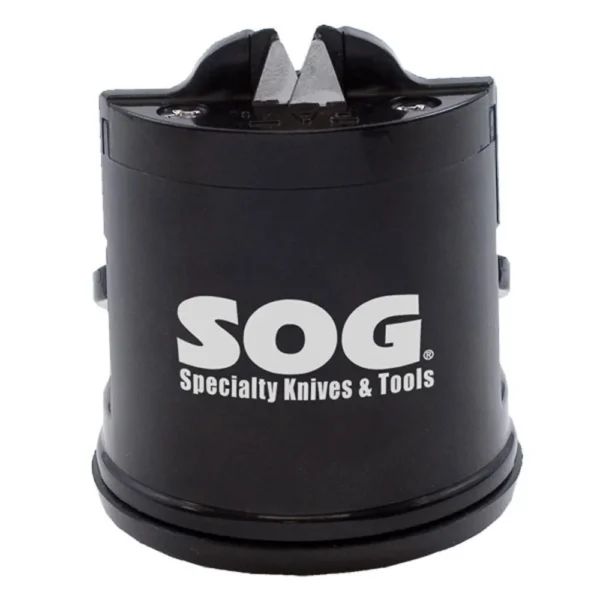 SOG Countertop Sharpener black cylindrical sharpener, front view with SOG logo and top sharpening slot