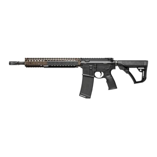 Daniel Defense DD M4A1 black and brown rifle in side view with magazine and adjustable stock