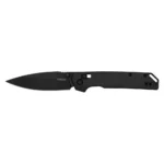 KERSHAW IRIDIUM, open black folding knife in right-side view with pointed blade and pocket clip