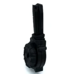 Promag Smith & Wesson SD40 black drum magazine shown upright from an angled side view