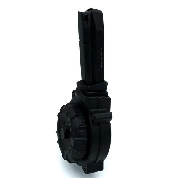 Promag Smith & Wesson SD40 black drum magazine shown upright from an angled side view