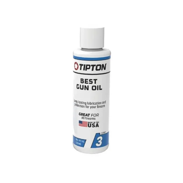 AOB Tipton Best Gun Oil, front view of white bottle with blue and red label