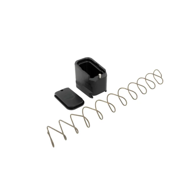Shield Arms Handgun Magazine Extension, black components with spring in exploded view