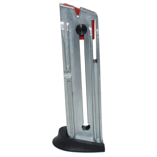 Retay RXP22 magazine, silver front view with black base plate, red follower and witness slot