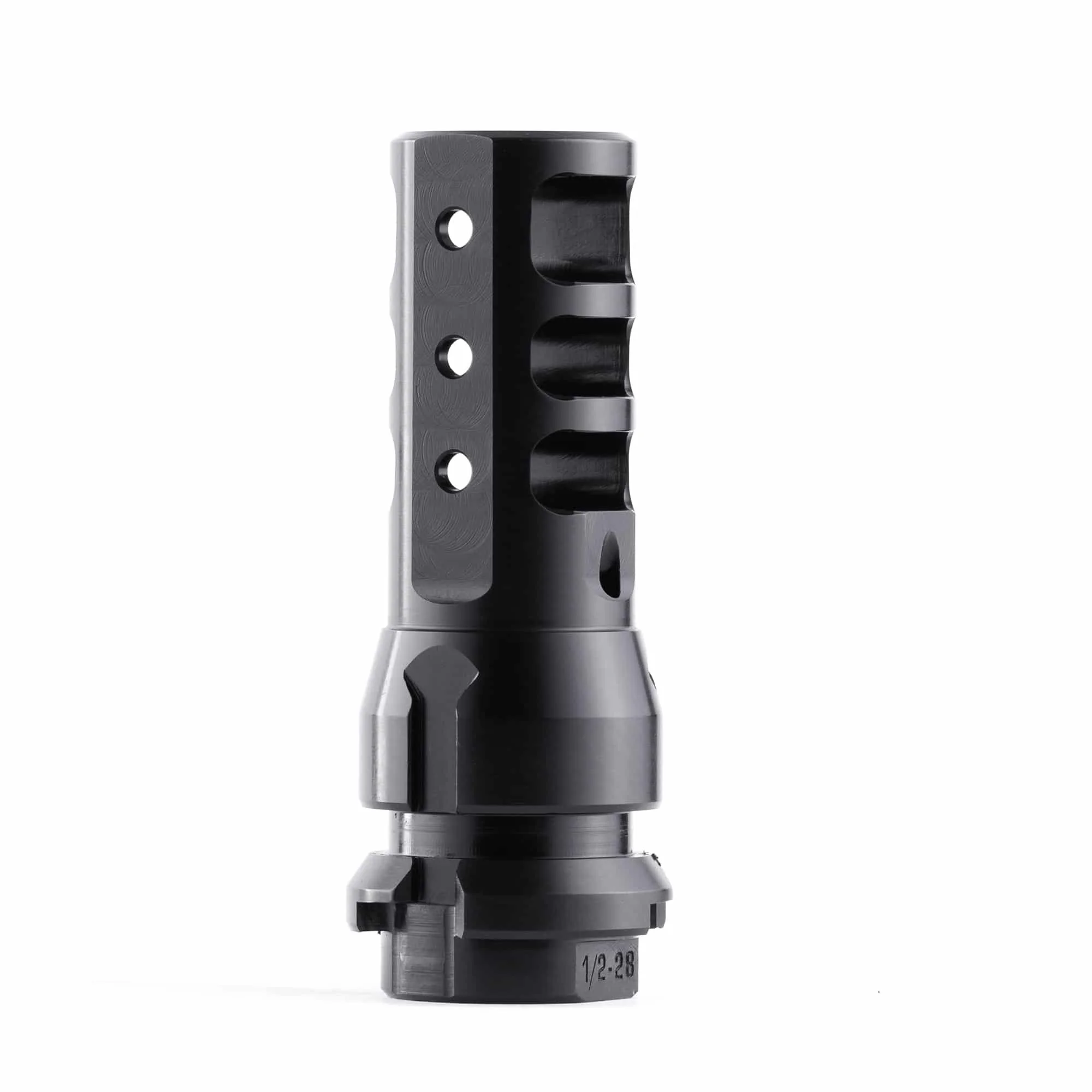 primary-50452 Dead Air KeyMo Muzzle Brake .46 .578-28 black side view with ports and mounting collar