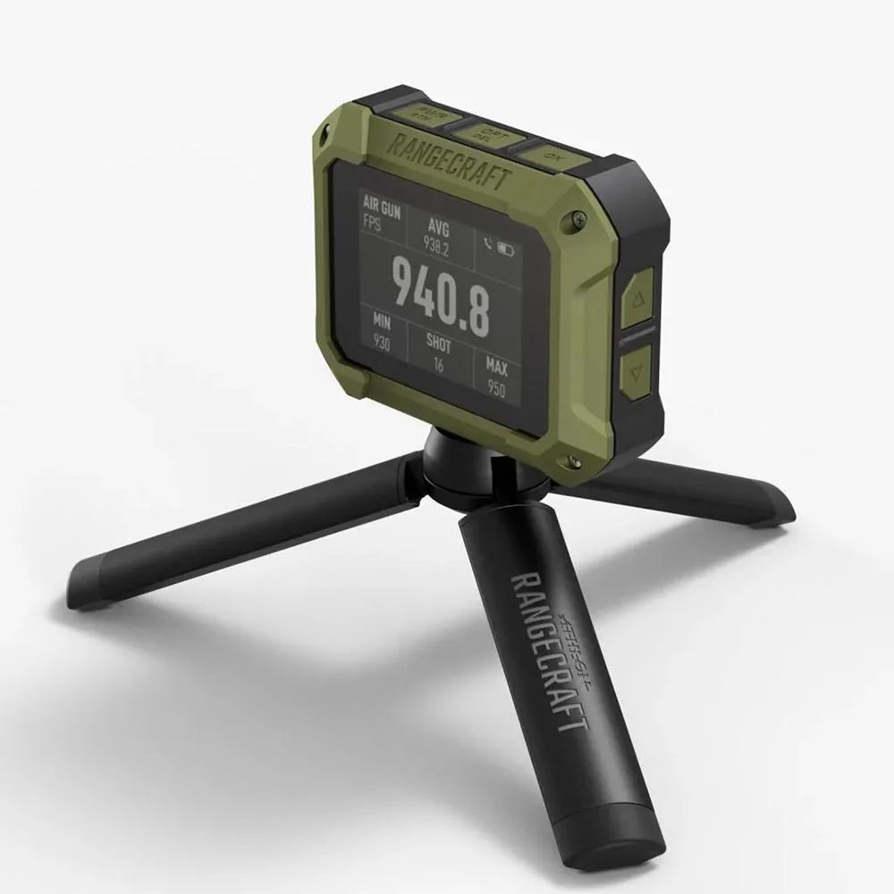 primary-50473 Athlon Optics Rangecraft Velocity Pro radar chronograph, green front view on tripod