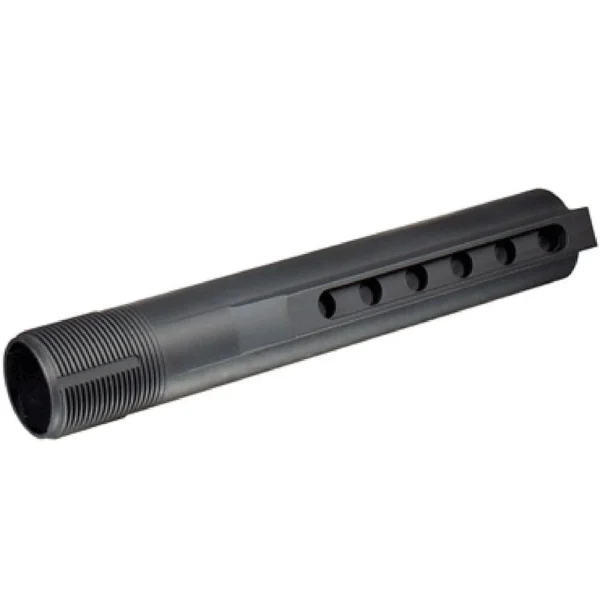 Leapers UTG PRO black receiver extension tube, angled side view with threaded end and holes