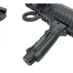 Leapers Ergonomic Ambidextrous Vertical Foregrip, black grip shown alone and mounted on a firearm