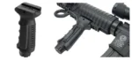 Leapers Ergonomic Ambidextrous Vertical Foregrip, black grip shown alone and mounted on a firearm