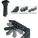 Leapers Ergonomic Ambidextrous foregrip in black, shown folded and mounted in inset views