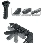 Leapers Ergonomic Ambidextrous foregrip in black, shown folded and mounted in inset views