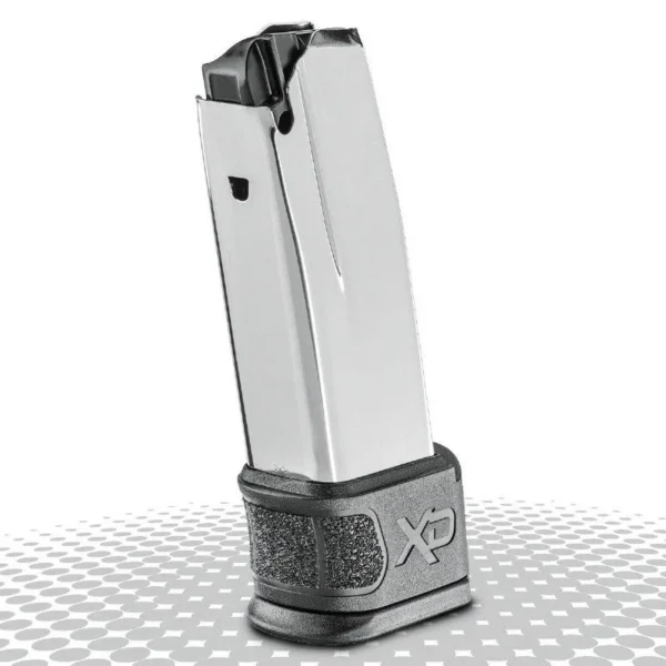 Springfield XDG Magazine, angled front view in silver with black base sleeve and follower