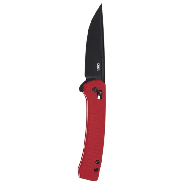 CRKT Q Compact Folding Knife, open with red handle and black drop-point blade
