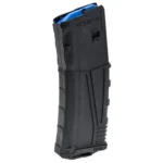 Leapers Inc. UTG Magazine PRO AR15, black polymer magazine in angled front view with blue follower