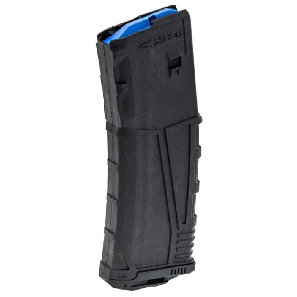 primary-50523 Leapers Inc. UTG Magazine PRO AR15, black polymer magazine in angled front view with blue follower
