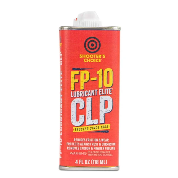 Shooters Choice Lubricant Elite red metal bottle with white cap, front view