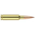 Nosler RDF HPBT ammunition, side view of brass cartridge with copper-coloured pointed bullet