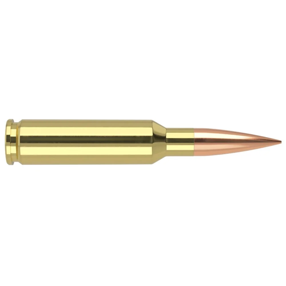 primary-50536 Nosler RDF HPBT ammunition, side view of brass cartridge with copper-coloured pointed bullet