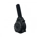 Promag Canik handgun drum magazine, black polymer front view with drum body and extended tower