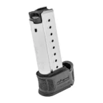 Springfield XDSM2 magazine, silver side view with black extension sleeve and witness holes