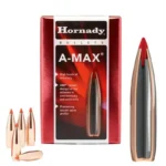 Hornady HRNDY MATCH A-MAX, red box with three loose bullets and enlarged cutaway bullet