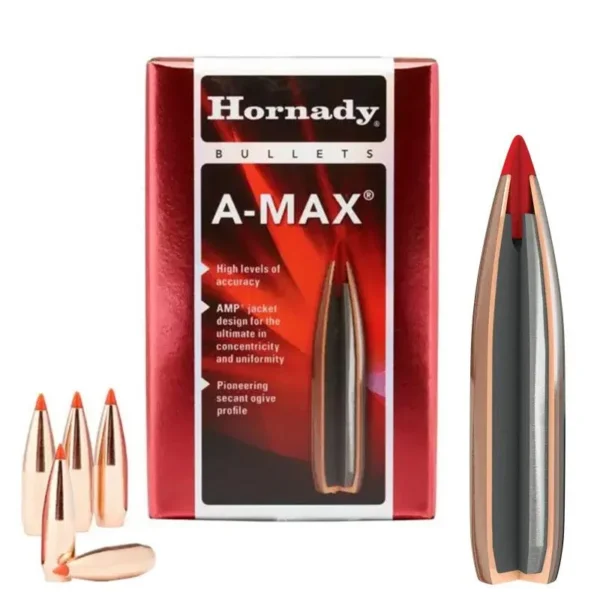 Hornady HRNDY MATCH A-MAX, red box with three loose bullets and enlarged cutaway bullet