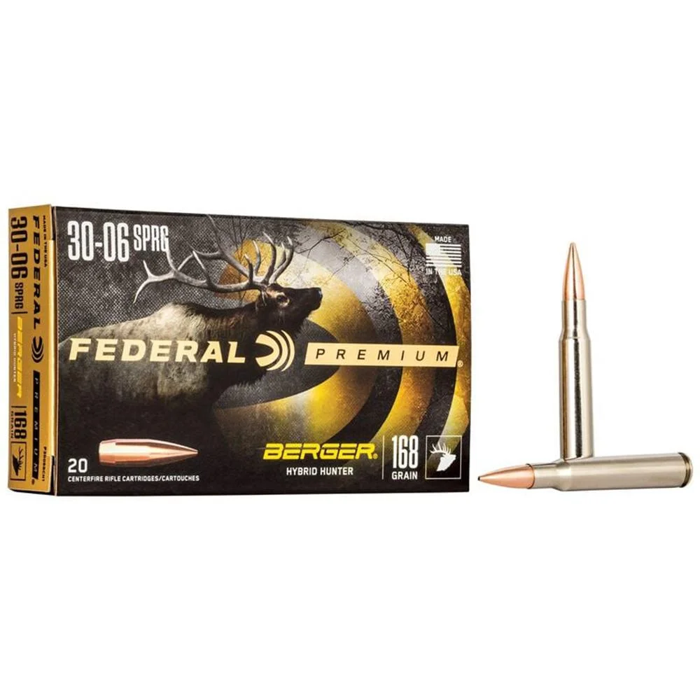 primary-50569 Federal Classic Hunter Berger Hybrid Rifle Ammunition, black box with two brass cartridges